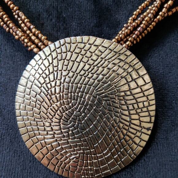 Womens Multi Strand Metal Gold Seed Beads Disk Pendant Necklace with Lobster - Picture 4 of 7